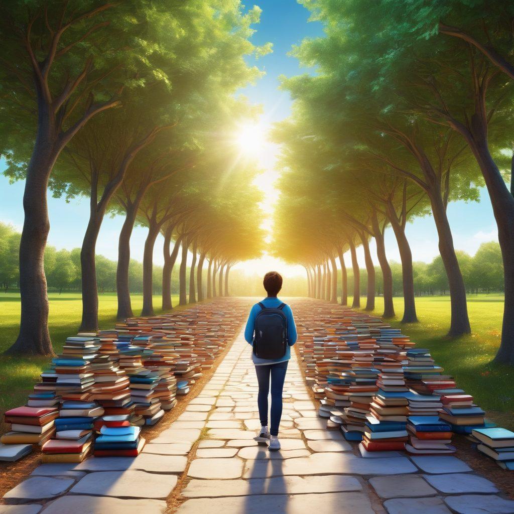 A serene pathway lined with diverse students holding books and laptops, showcasing their unique talents and achievements. The path leads towards a bright horizon symbolizing success, while motivational phrases float in the air. In the background, a blend of trees representing growth and learning flourishes. The overall atmosphere is inspiring and uplifting. super-realistic. vibrant colors. 3D.