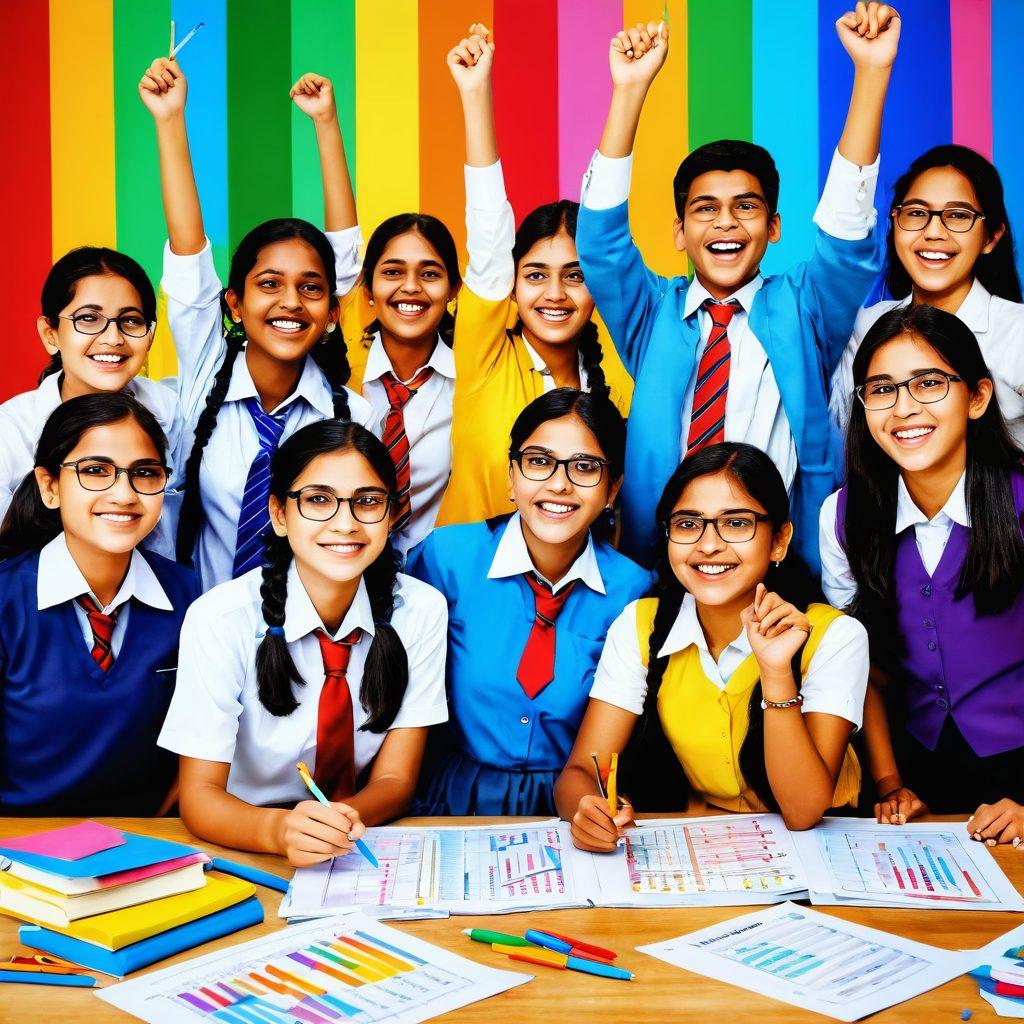 A vibrant and engaging visual representing the Bihar Board Examination, featuring a diverse group of students joyfully celebrating their results, colorful charts and graphs showcasing performance statistics in the background, and academic elements like books and stationery scattered around. The scene should convey a sense of achievement and happiness, embodying success and motivation. super-realistic. vibrant colors. educational theme.