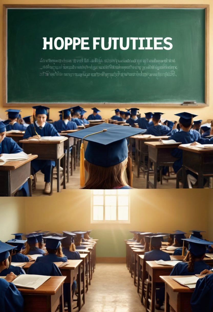 A split image showing a graduation cap on one side symbolizing hope and future opportunities, and a classroom scene on the other side depicting students taking the Bihar Board Examination. Include elements like textbooks, a chalkboard with formulas, and motivational quotes in the background. The overall tone should convey a sense of determination and aspiration. vibrant colors. super-realistic.
